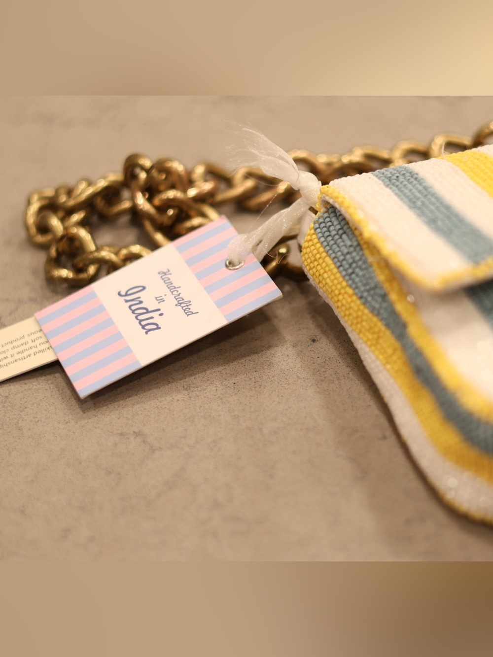 NWT Handmade Beaded Stripe Shoulder Bag Gold Chain Coastal Clutch - Picture 4 of 9